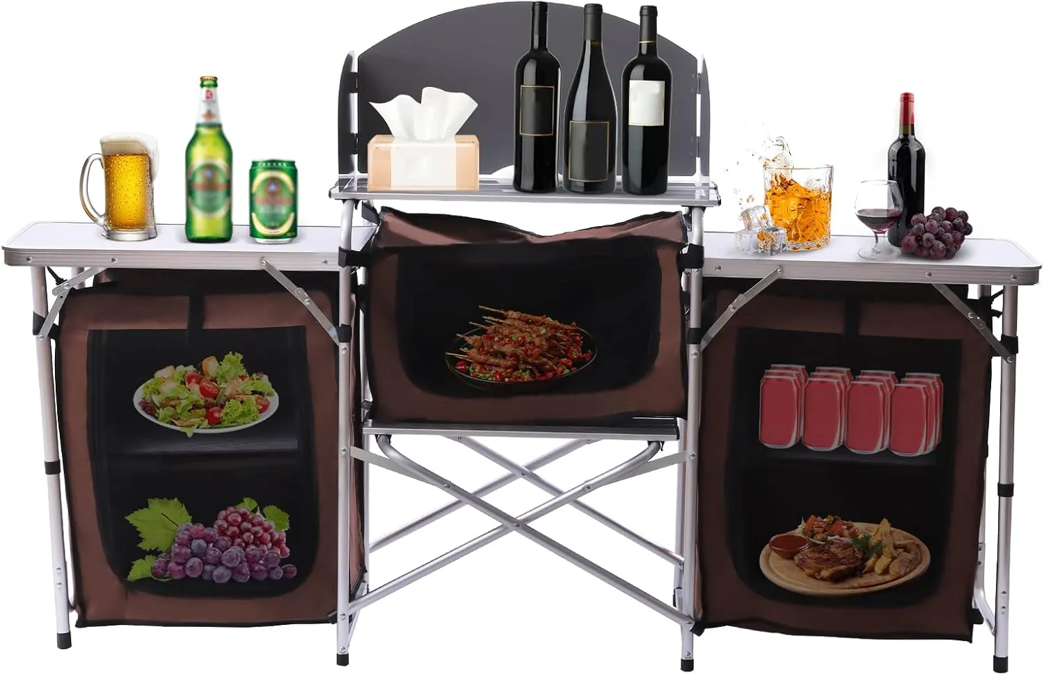 Foldable Aluminum Picnic Table with Cloth Covers Portable Camping Cooking Storage Rack Kitchen Station Tool 2 Side Tables for Outdoor Picnic Camping Hiking Fishing Brown(69.3*18.4*43.3inch)