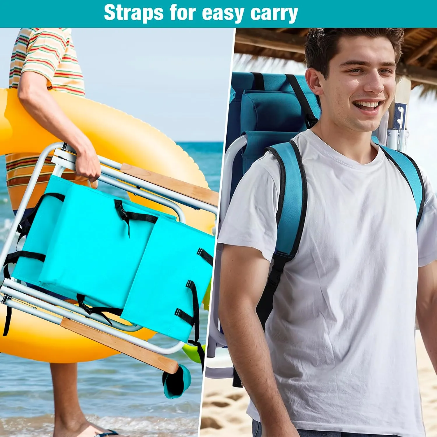 Folding Beach Chair, 4 Position Reclining Backpack Camping Chairs with Headrest Cup Holder Wooden Armrests Heavy Duty Portable Lounge Chairs for Beach Backyard Travel (1, Green)