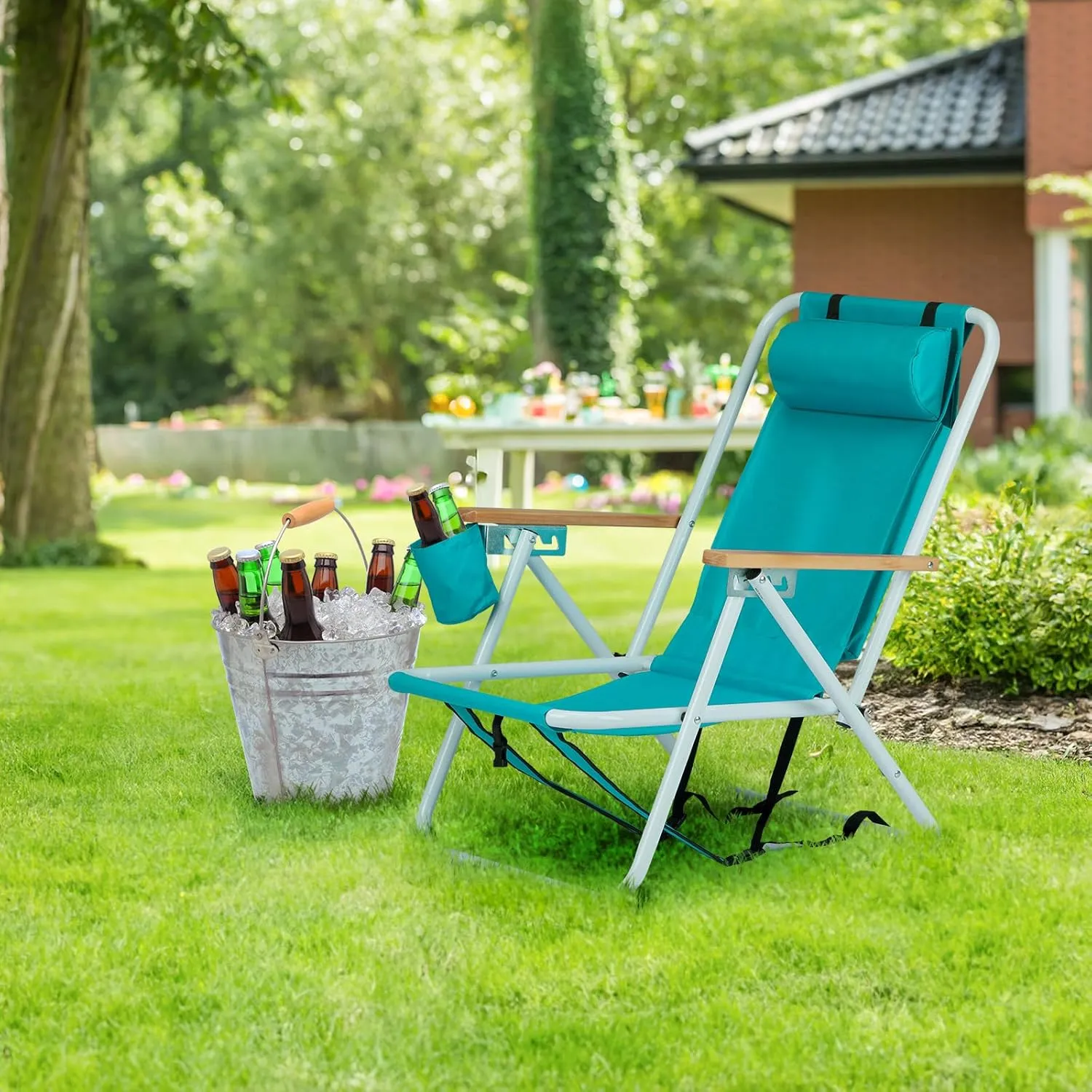 Folding Beach Chair, 4 Position Reclining Backpack Camping Chairs with Headrest Cup Holder Wooden Armrests Heavy Duty Portable Lounge Chairs for Beach Backyard Travel (1, Green)