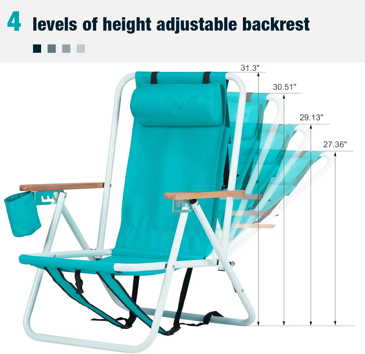 Folding Beach Chair, 4 Position Reclining Backpack Camping Chairs with Headrest Cup Holder Wooden Armrests Heavy Duty Portable Lounge Chairs for Beach Backyard Travel (1, Green)