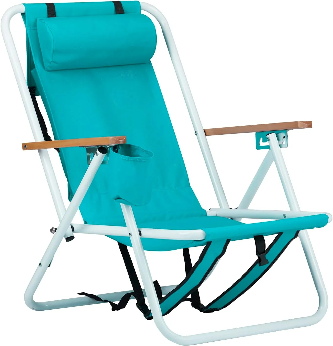 Folding Beach Chair, 4 Position Reclining Backpack Camping Chairs with Headrest Cup Holder Wooden Armrests Heavy Duty Portable Lounge Chairs for Beach Backyard Travel (1, Green)