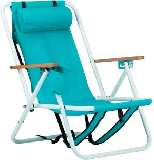 Folding Beach Chair, 4 Position Reclining Backpack Camping Chairs with Headrest Cup Holder Wooden Armrests Heavy Duty Portable Lounge Chairs for Beach Backyard Travel (1, Green)