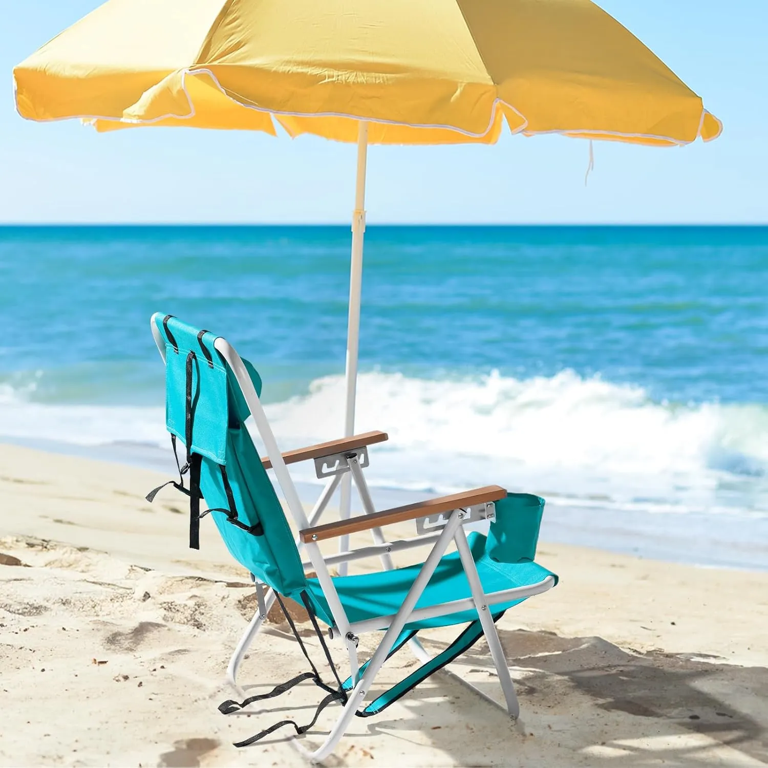 Folding Beach Chair, 4 Position Reclining Backpack Camping Chairs with Headrest Cup Holder Wooden Armrests Heavy Duty Portable Lounge Chairs for Beach Backyard Travel (1, Green)