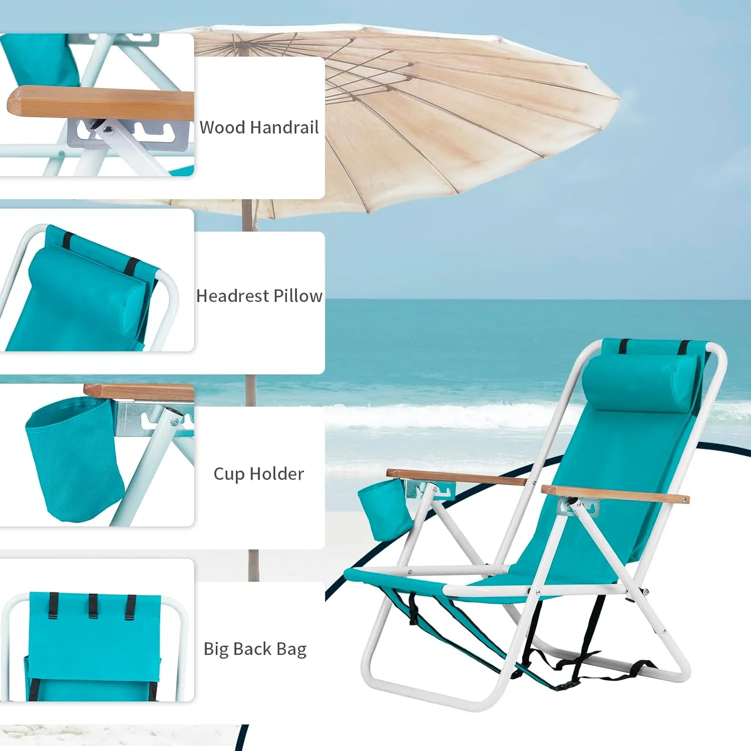 Folding Beach Chair, 4 Position Reclining Backpack Camping Chairs with Headrest Cup Holder Wooden Armrests Heavy Duty Portable Lounge Chairs for Beach Backyard Travel (1, Green)