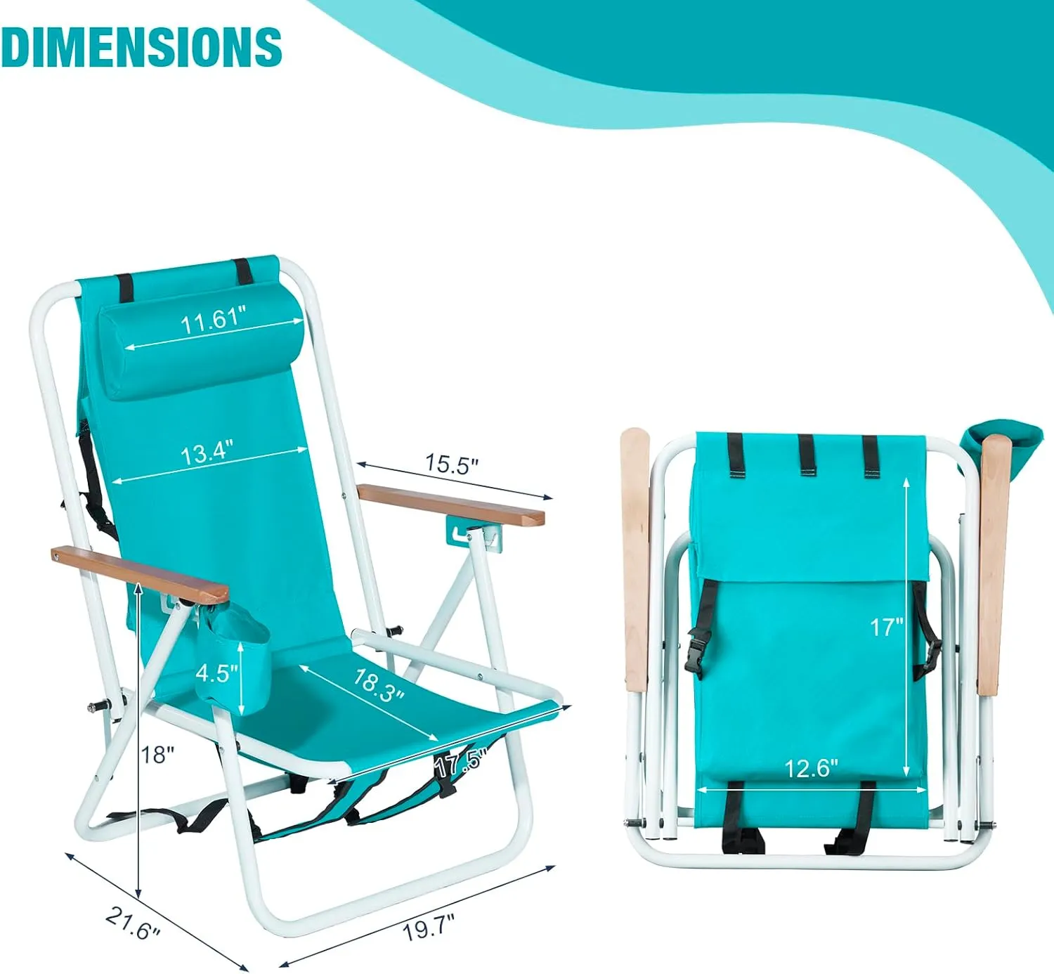 Folding Beach Chair, 4 Position Reclining Backpack Camping Chairs with Headrest Cup Holder Wooden Armrests Heavy Duty Portable Lounge Chairs for Beach Backyard Travel (1, Green)