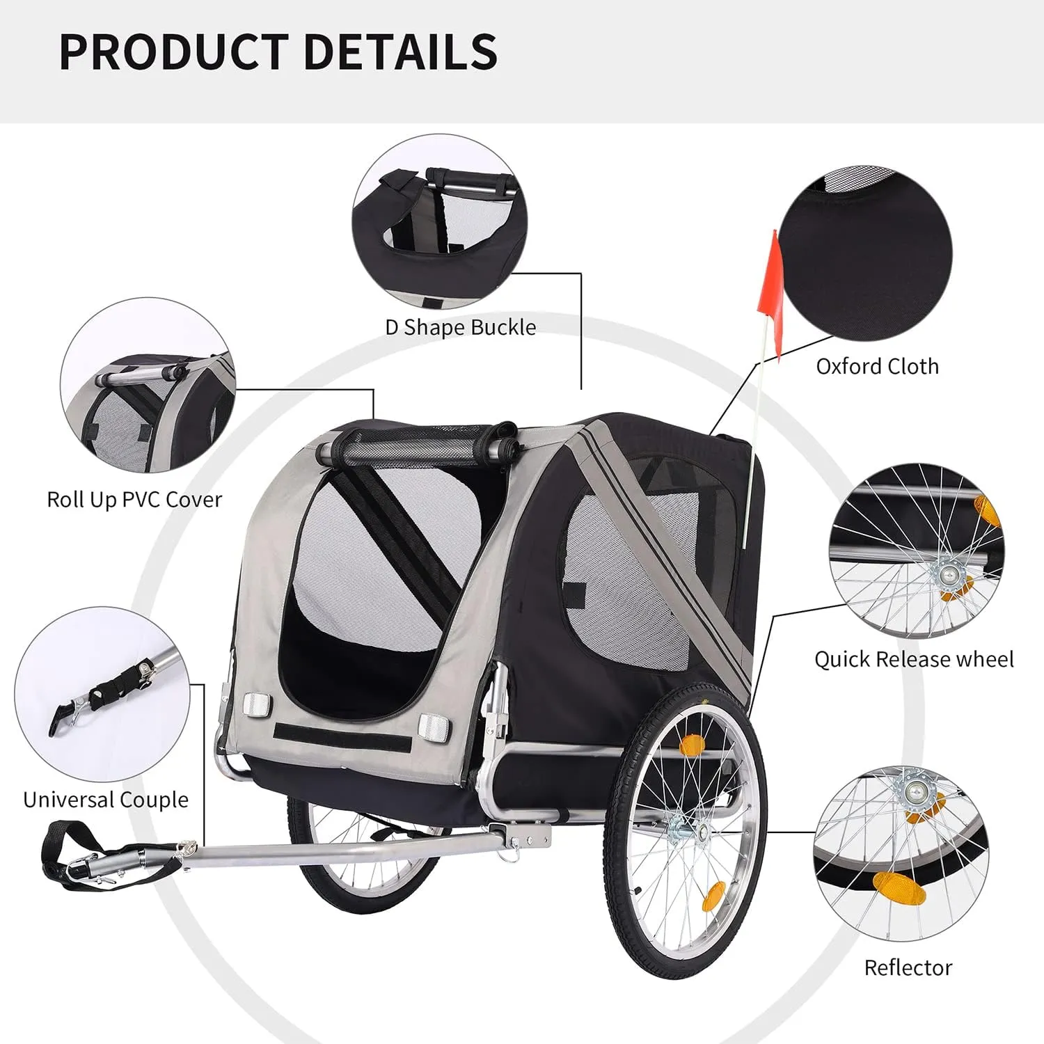 Folding Dog Bike Trailer, Heavy Duty Pet Cart Bicycle Wagon Cargo Carrier Attachment for Travel with Universal Hitch, 3 Doors, Aluminum Wheels, Safety Flag, Easy to Connect & Disconnect,Gray