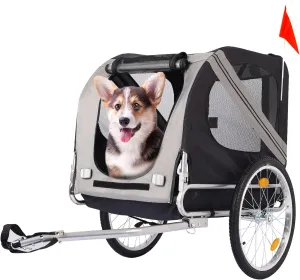 Folding Dog Bike Trailer, Heavy Duty Pet Cart Bicycle Wagon Cargo Carrier Attachment for Travel with Universal Hitch, 3 Doors, Aluminum Wheels, Safety Flag, Easy to Connect & Disconnect,Gray