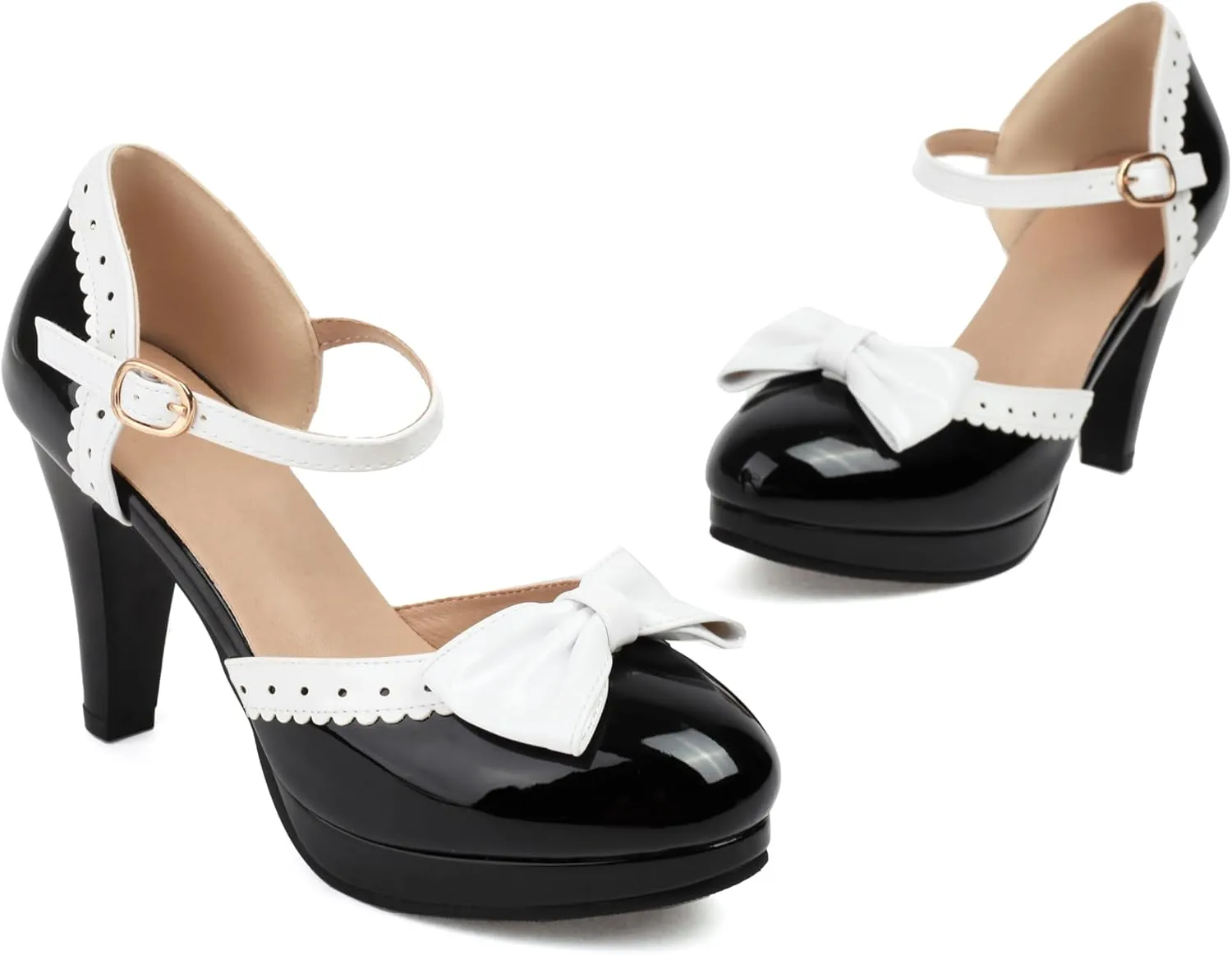 ForeMode Bow Mary Jane Shoes High Heels Closed Round Toe Pumps Leather Summer Sweet Shoe