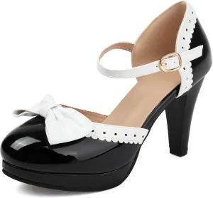 ForeMode Bow Mary Jane Shoes High Heels Closed Round Toe Pumps Leather Summer Sweet Shoe
