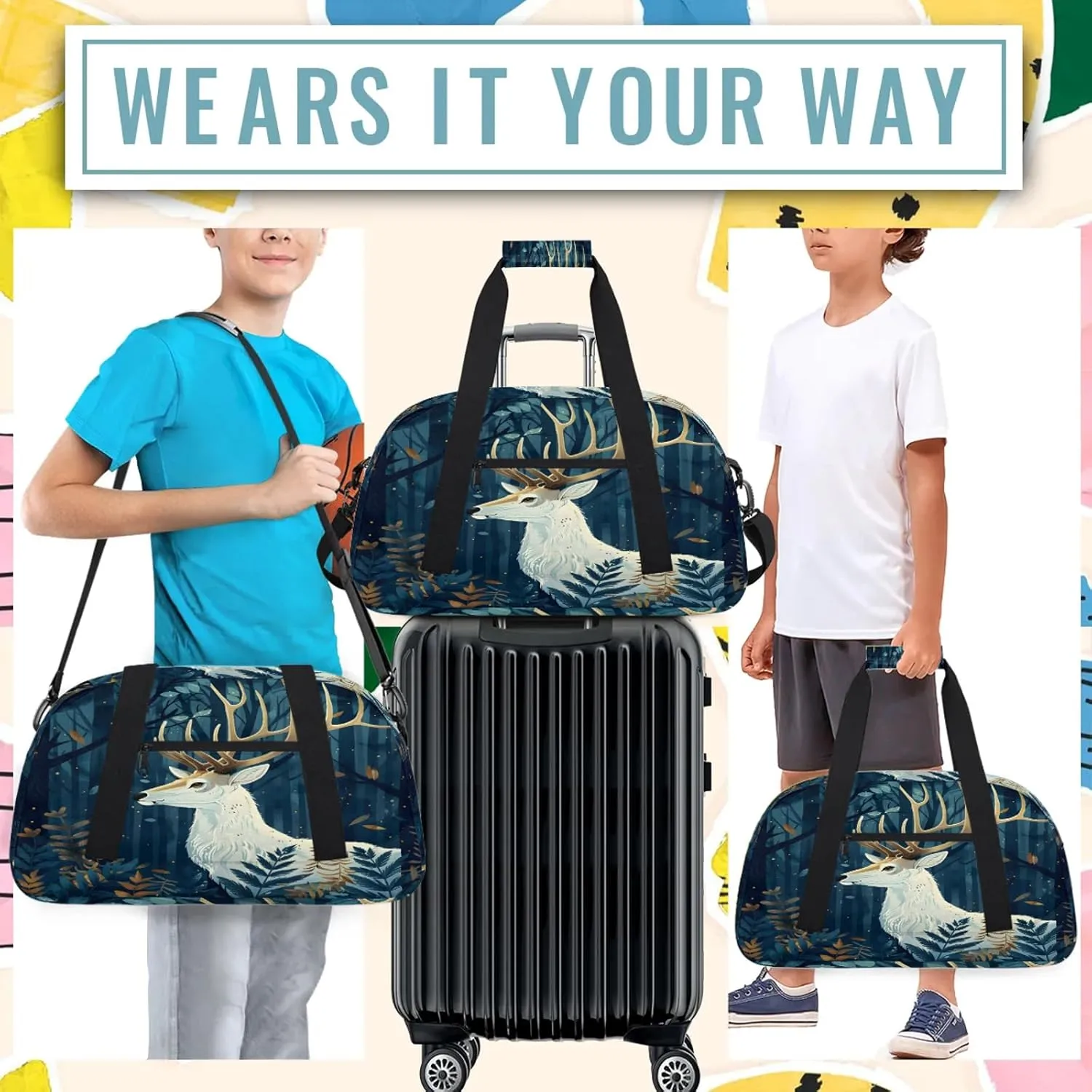 Forest Deer Small Gym Bag 18 inch Carry On Duffel Bag for Weekender Travel Sports Workout Yoga Gymnastics Dance Ballet