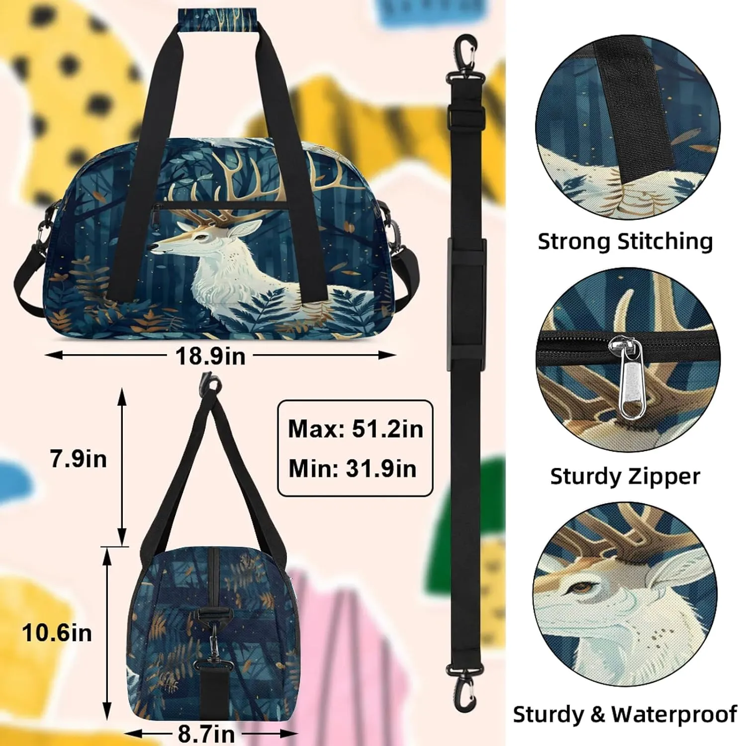 Forest Deer Small Gym Bag 18 inch Carry On Duffel Bag for Weekender Travel Sports Workout Yoga Gymnastics Dance Ballet