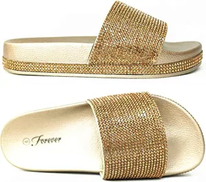 Forever Link Viste-07 Rhinestone Glitter Slide Slip On Flatform Footbed Sandal Slippers, 6.5, Gold