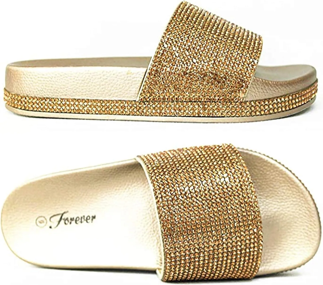 Forever Link Viste-07 Rhinestone Glitter Slide Slip On Flatform Footbed Sandal Slippers, 6.5, Gold
