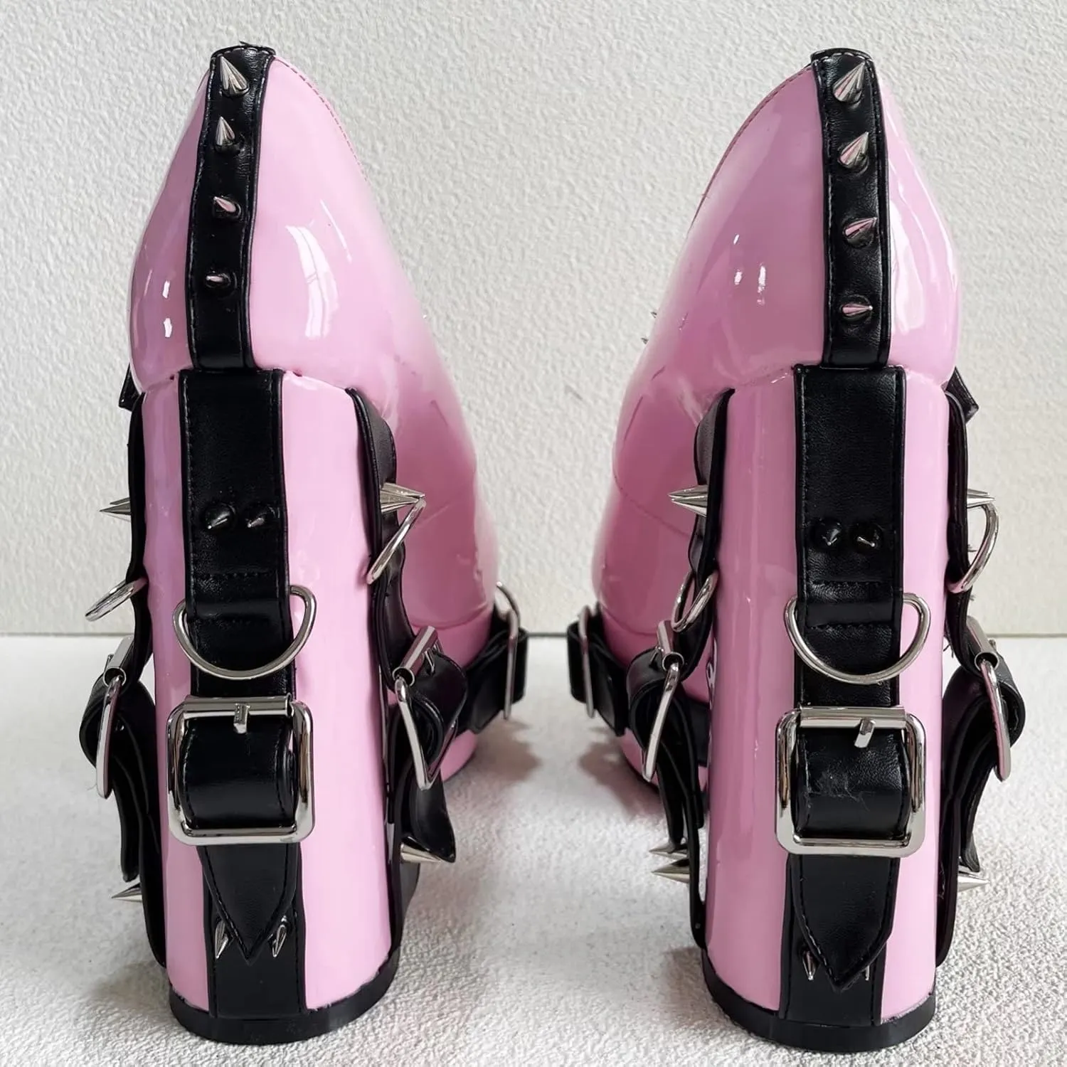 Frankie Hsu Women's Gothic Large Size Black Patent Leather Buckle Belt Ring Rivet Shinny Sexy Platform Chunky High Heels Ankle Strap Heeled Bootie Shoes