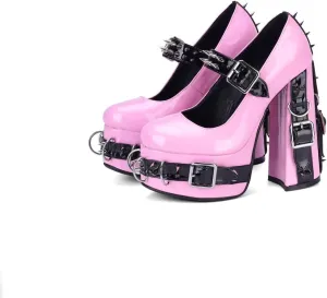 Frankie Hsu Women's Gothic Large Size Black Patent Leather Buckle Belt Ring Rivet Shinny Sexy Platform Chunky High Heels Ankle Strap Heeled Bootie Shoes