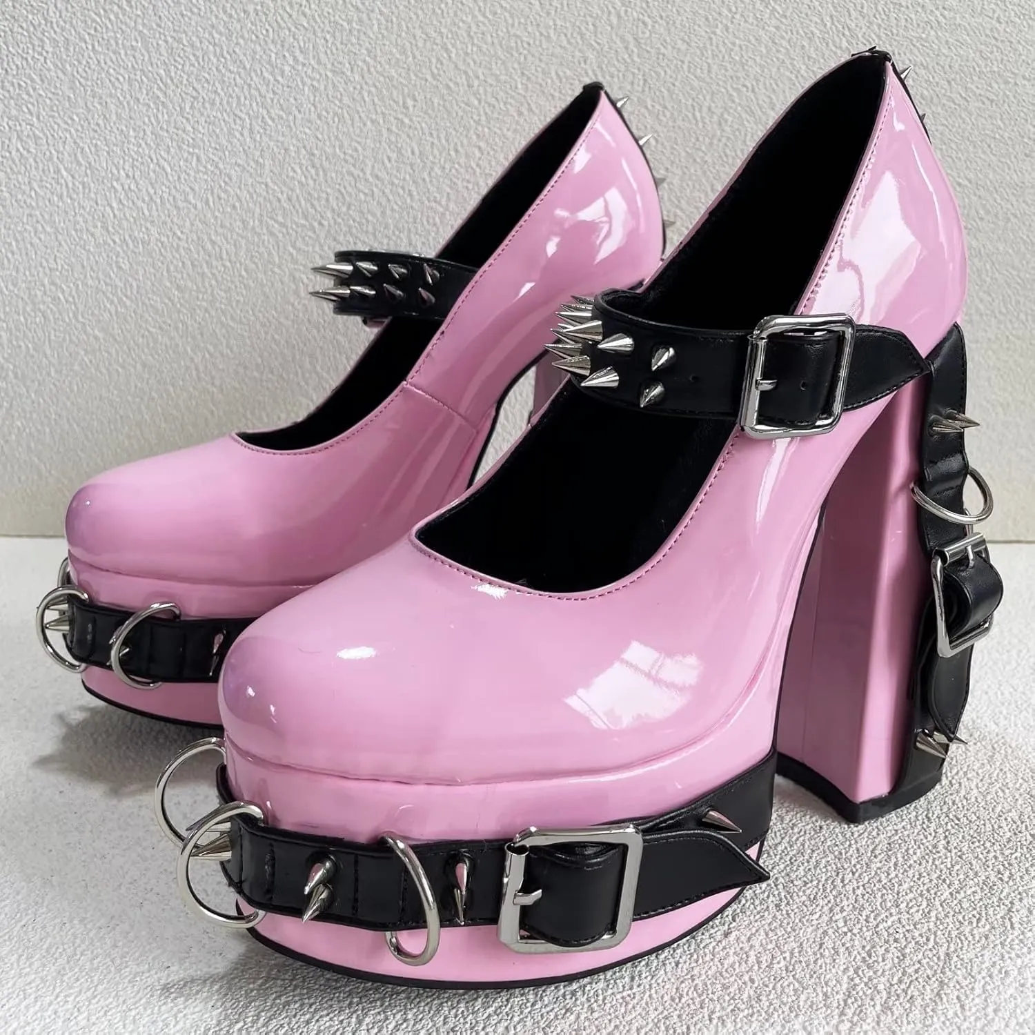 Frankie Hsu Women's Gothic Large Size Black Patent Leather Buckle Belt Ring Rivet Shinny Sexy Platform Chunky High Heels Ankle Strap Heeled Bootie Shoes