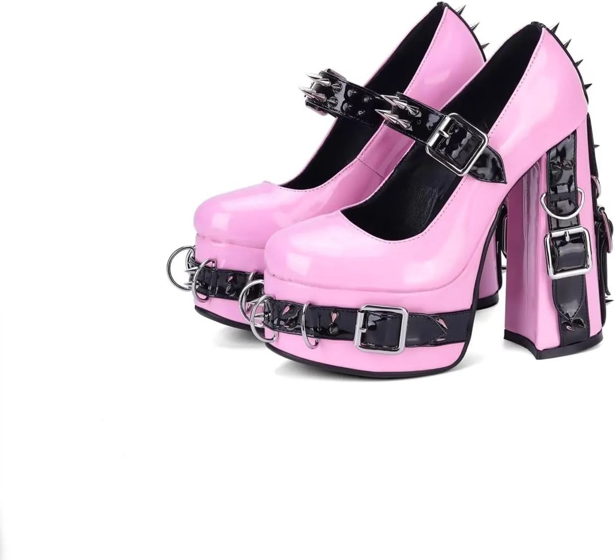 Frankie Hsu Women's Gothic Large Size Black Patent Leather Buckle Belt Ring Rivet Shinny Sexy Platform Chunky High Heels Ankle Strap Heeled Bootie Shoes