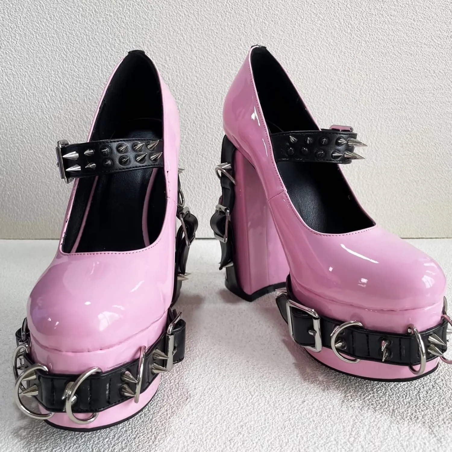 Frankie Hsu Women's Gothic Large Size Black Patent Leather Buckle Belt Ring Rivet Shinny Sexy Platform Chunky High Heels Ankle Strap Heeled Bootie Shoes