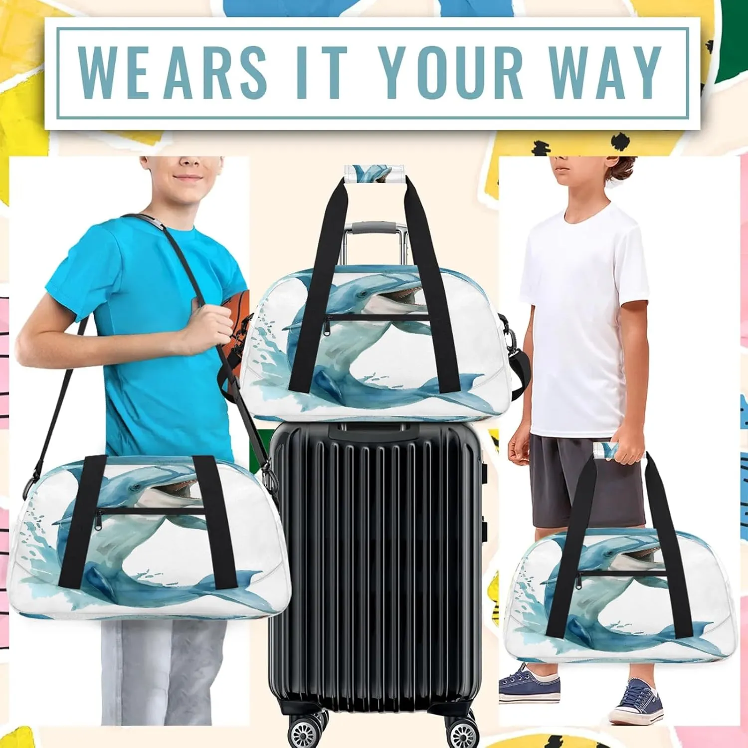 Funny Dolphin Small Gym Bag 18 inch Carry On Duffel Bag for Weekender Travel Sports Workout Yoga Gymnastics Dance Ballet