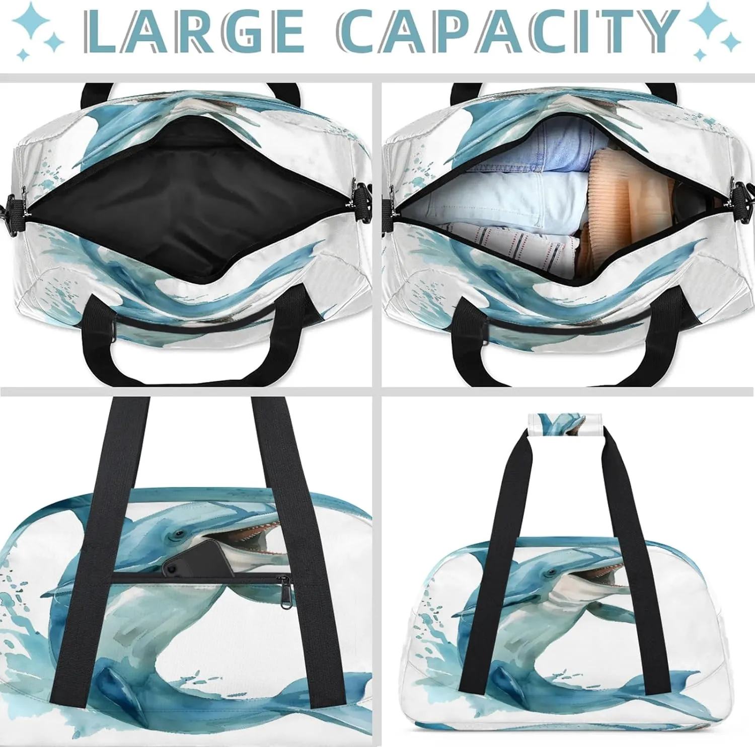 Funny Dolphin Small Gym Bag 18 inch Carry On Duffel Bag for Weekender Travel Sports Workout Yoga Gymnastics Dance Ballet