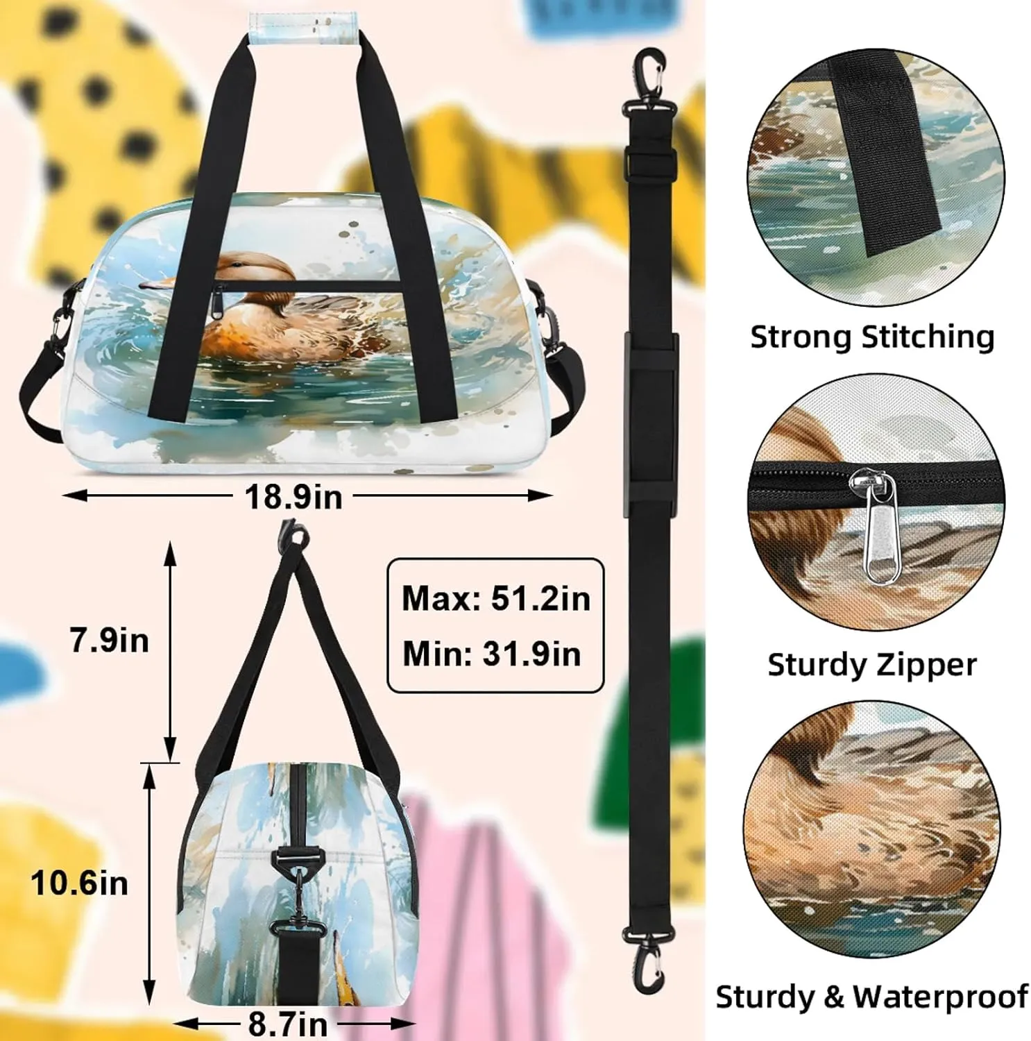 Funny Duck Small Gym Bag 18 inch Carry On Duffel Bag for Weekender Travel Sports Workout Yoga Gymnastics Dance Ballet