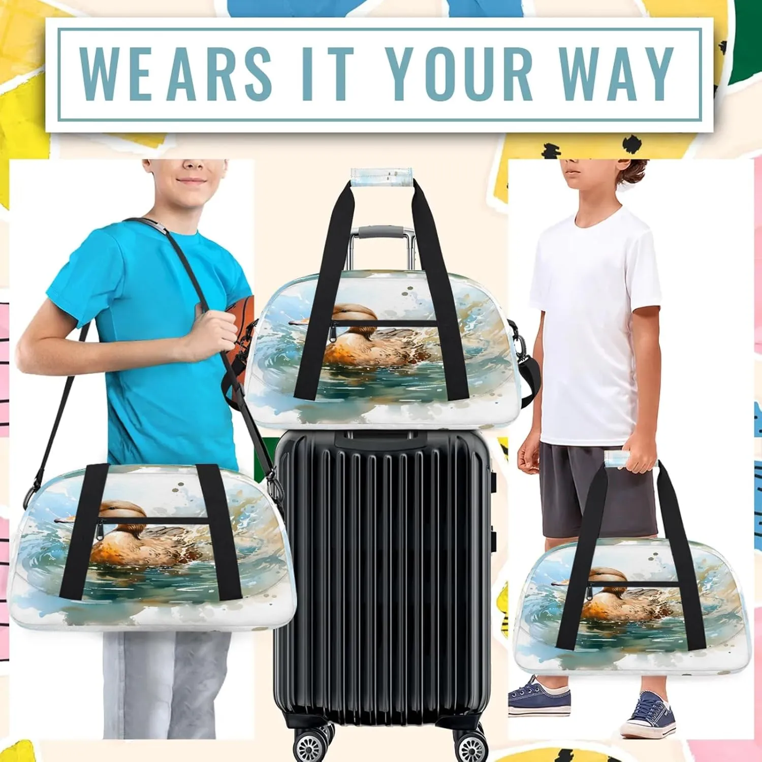 Funny Duck Small Gym Bag 18 inch Carry On Duffel Bag for Weekender Travel Sports Workout Yoga Gymnastics Dance Ballet