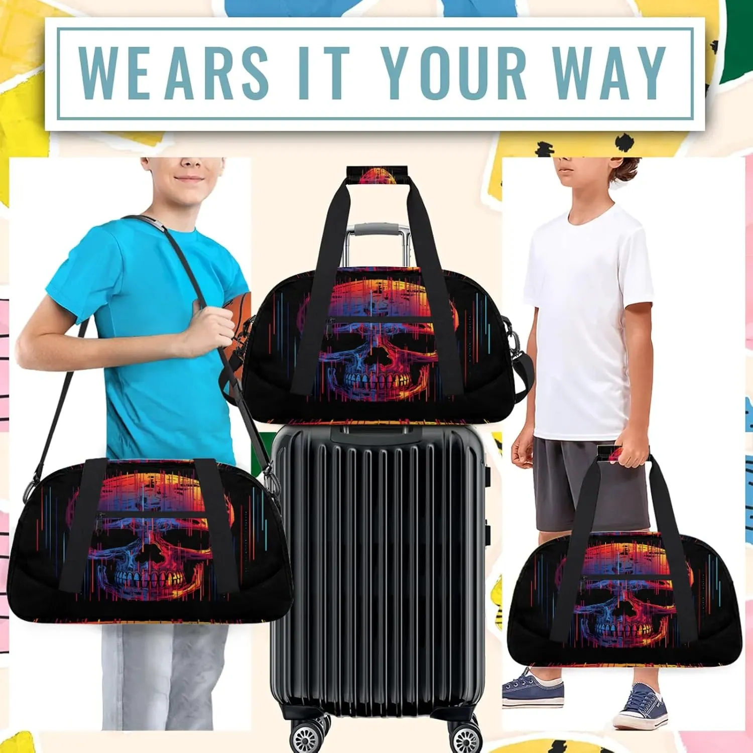 Funny Skull Skeleton Small Gym Bag 18 inch Carry On Duffel Bag for Weekender Travel Sports Workout Yoga Gymnastics Dance Ballet