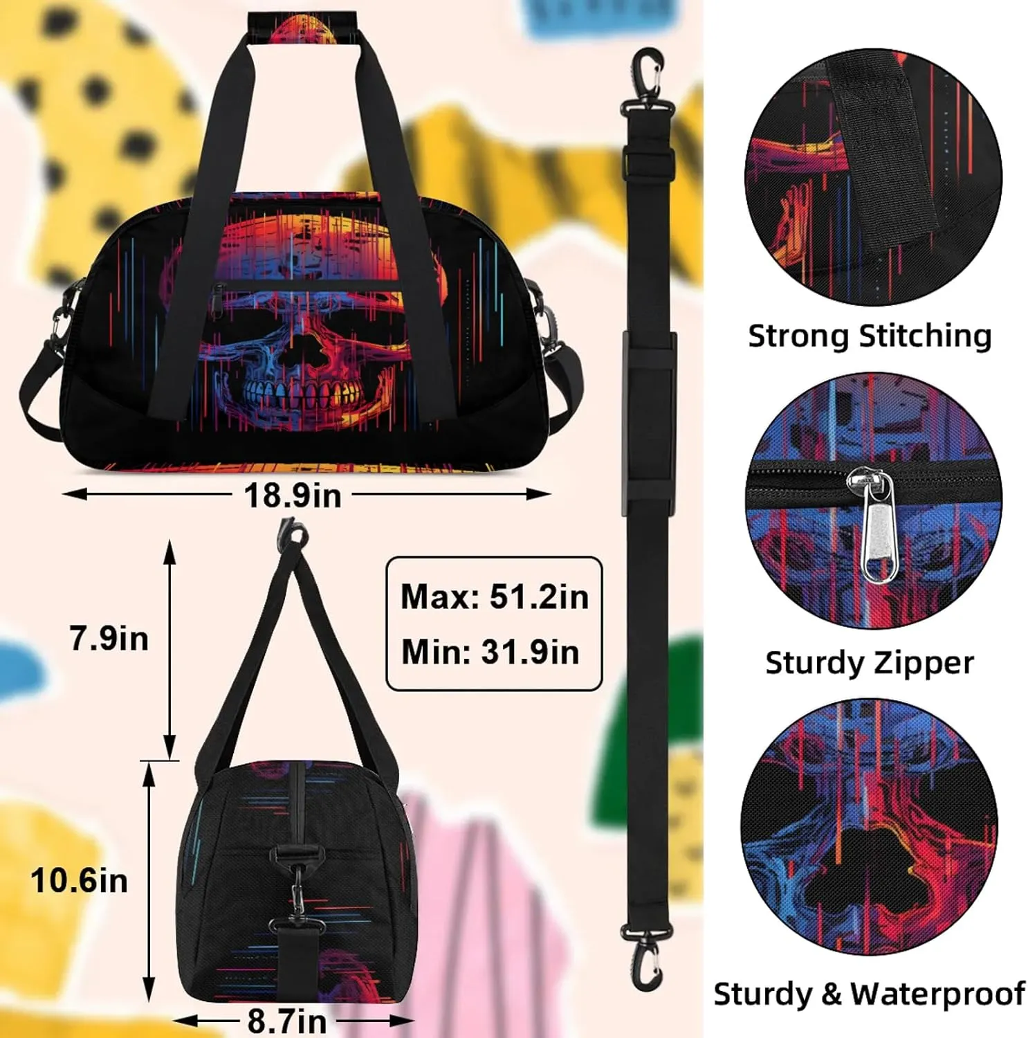 Funny Skull Skeleton Small Gym Bag 18 inch Carry On Duffel Bag for Weekender Travel Sports Workout Yoga Gymnastics Dance Ballet