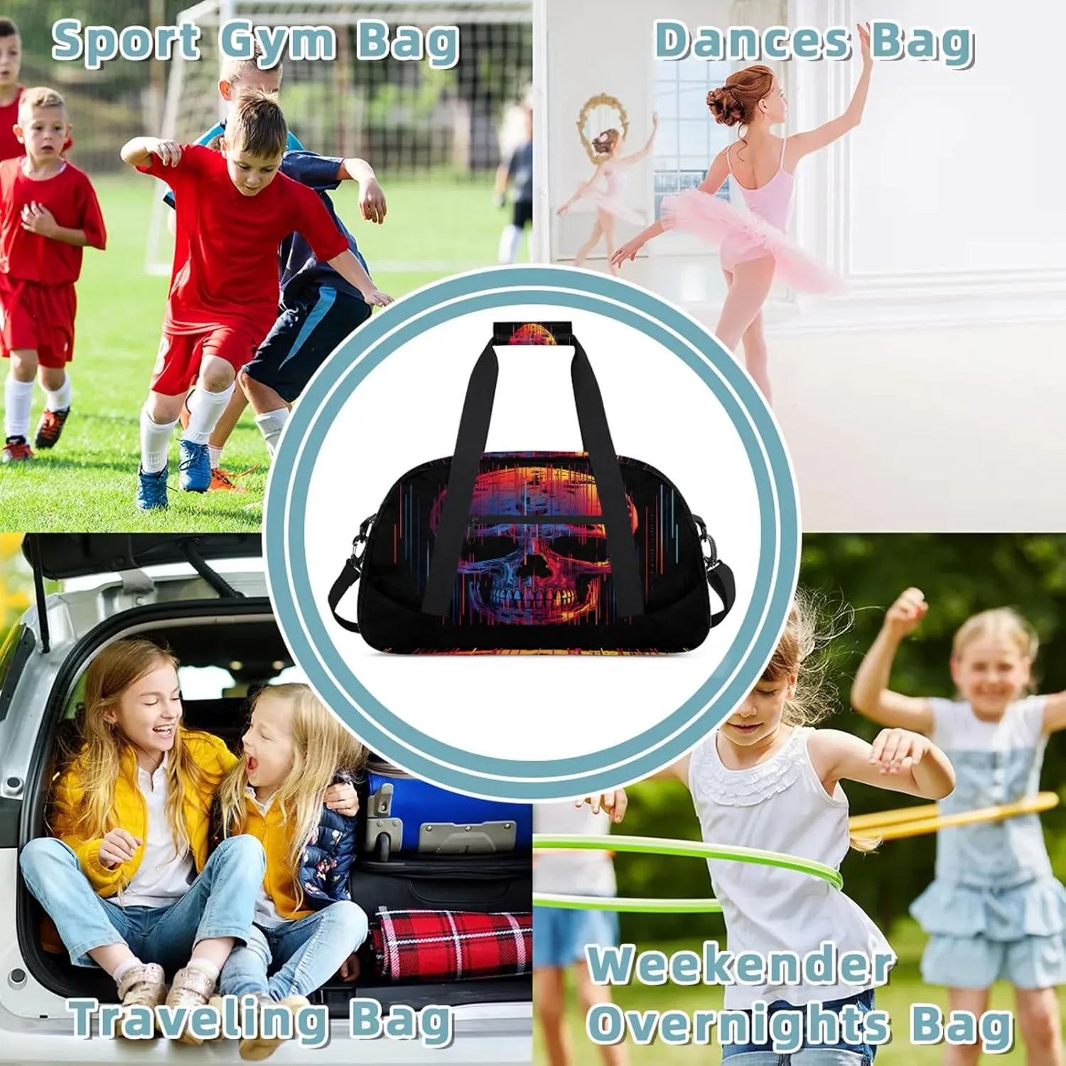 Funny Skull Skeleton Small Gym Bag 18 inch Carry On Duffel Bag for Weekender Travel Sports Workout Yoga Gymnastics Dance Ballet
