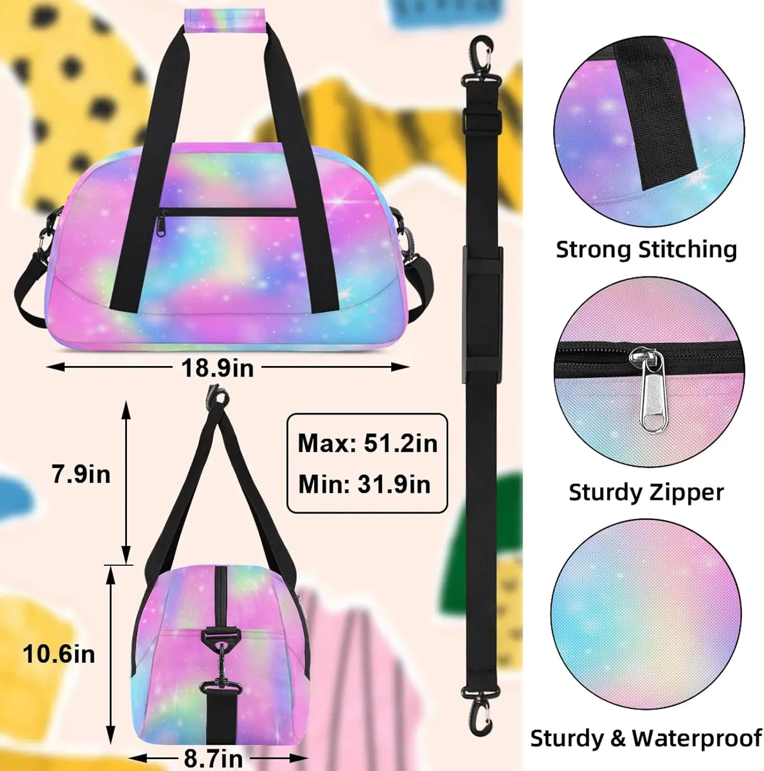 Galaxy Glitter Small Gym Bag 18 inch Carry On Duffel Bag for Weekender Travel Sports Workout Yoga Gymnastics Dance Ballet