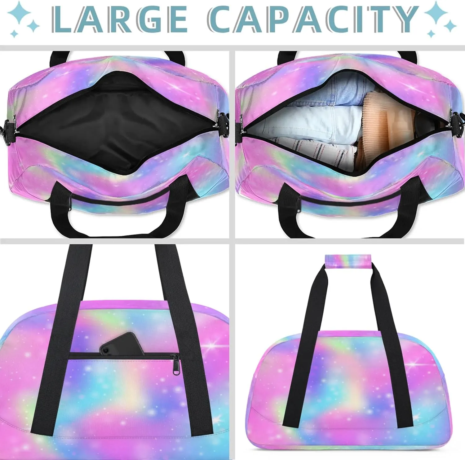 Galaxy Glitter Small Gym Bag 18 inch Carry On Duffel Bag for Weekender Travel Sports Workout Yoga Gymnastics Dance Ballet