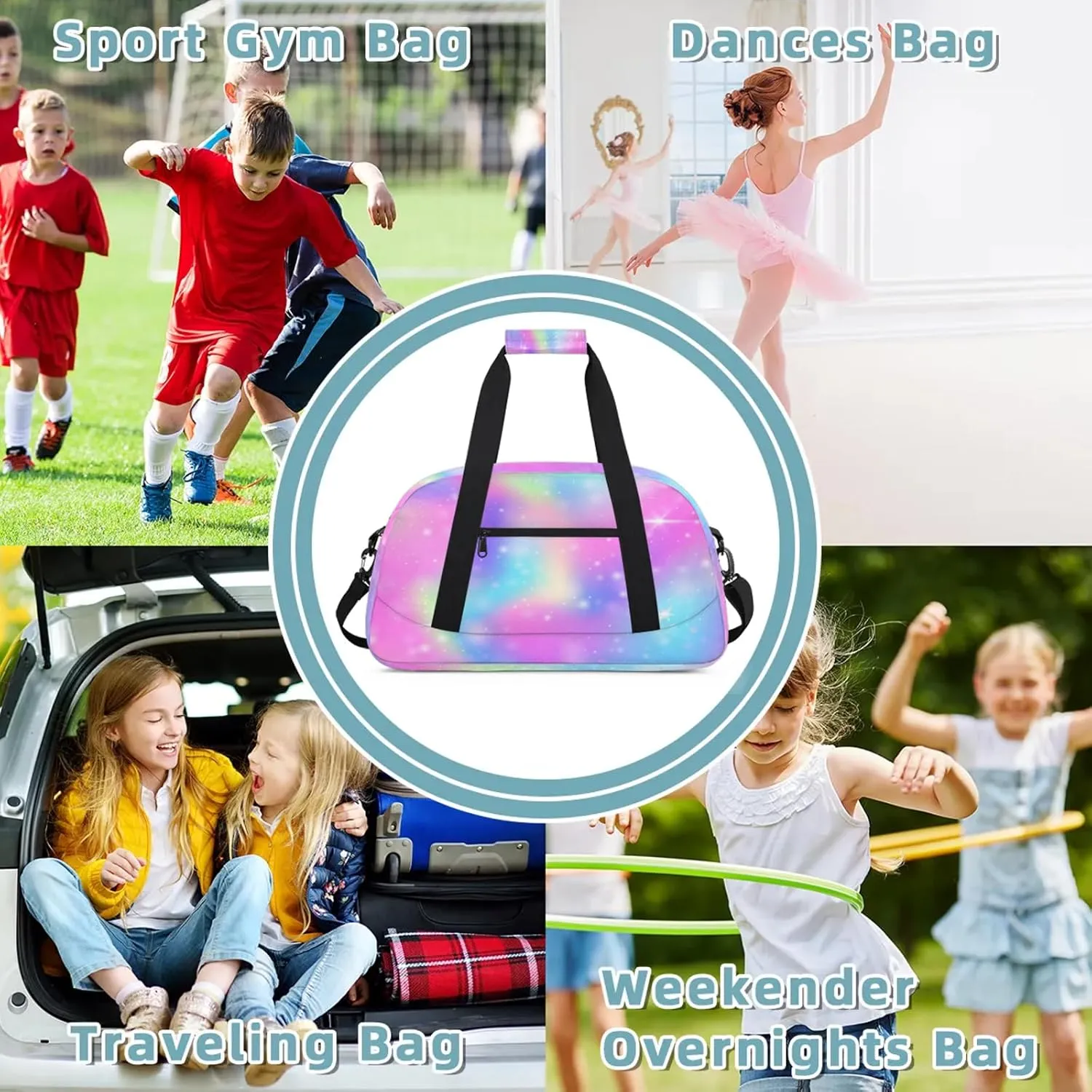 Galaxy Glitter Small Gym Bag 18 inch Carry On Duffel Bag for Weekender Travel Sports Workout Yoga Gymnastics Dance Ballet