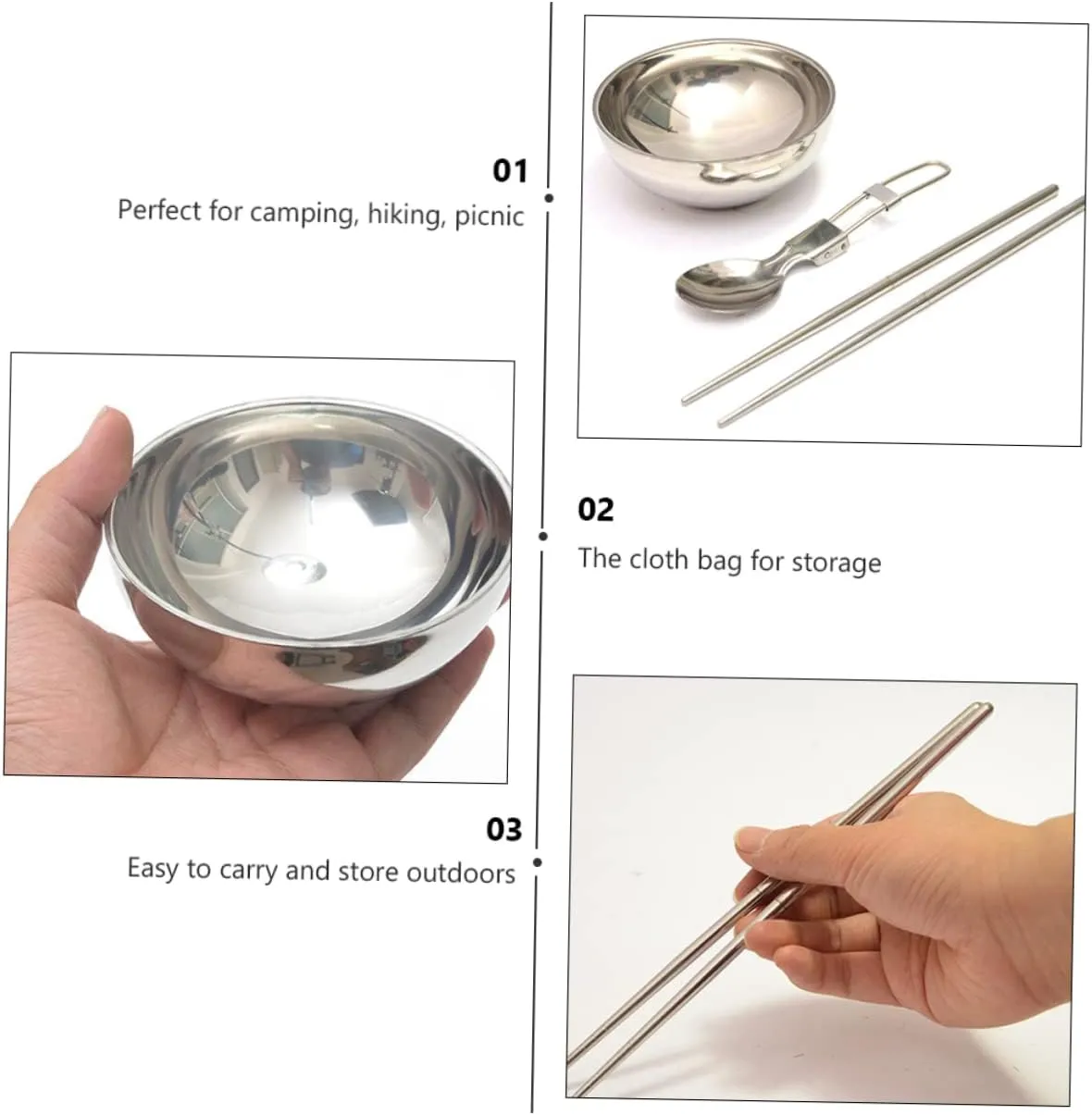 GALPADA Travel Tableware Camping Tableware Chopstick Kit Bowl Stainless Multifunctional Reusable Camping Eating