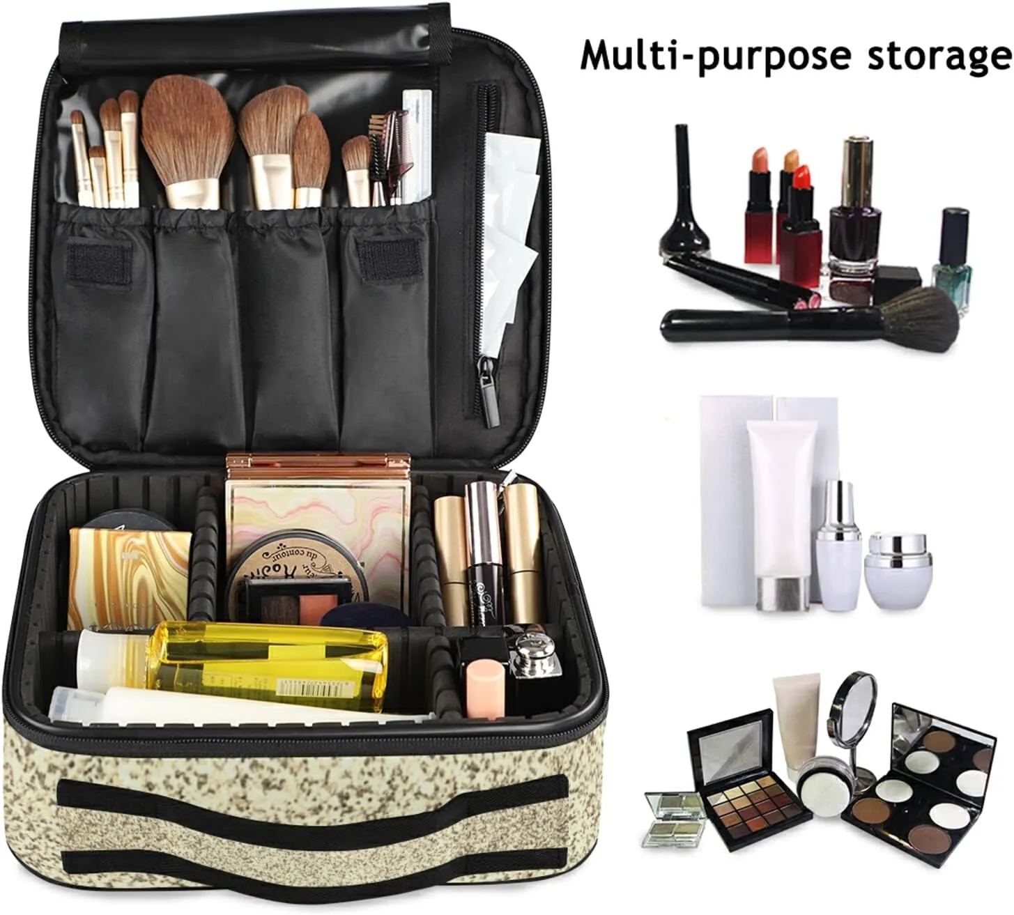 Gold Golden Glitter and Glare Pattern Women's Portable Makeup Bags with Handle, Adjustable Dividers, Travel Cosmetic Toiletry Accessories Storage Organizer for Girls