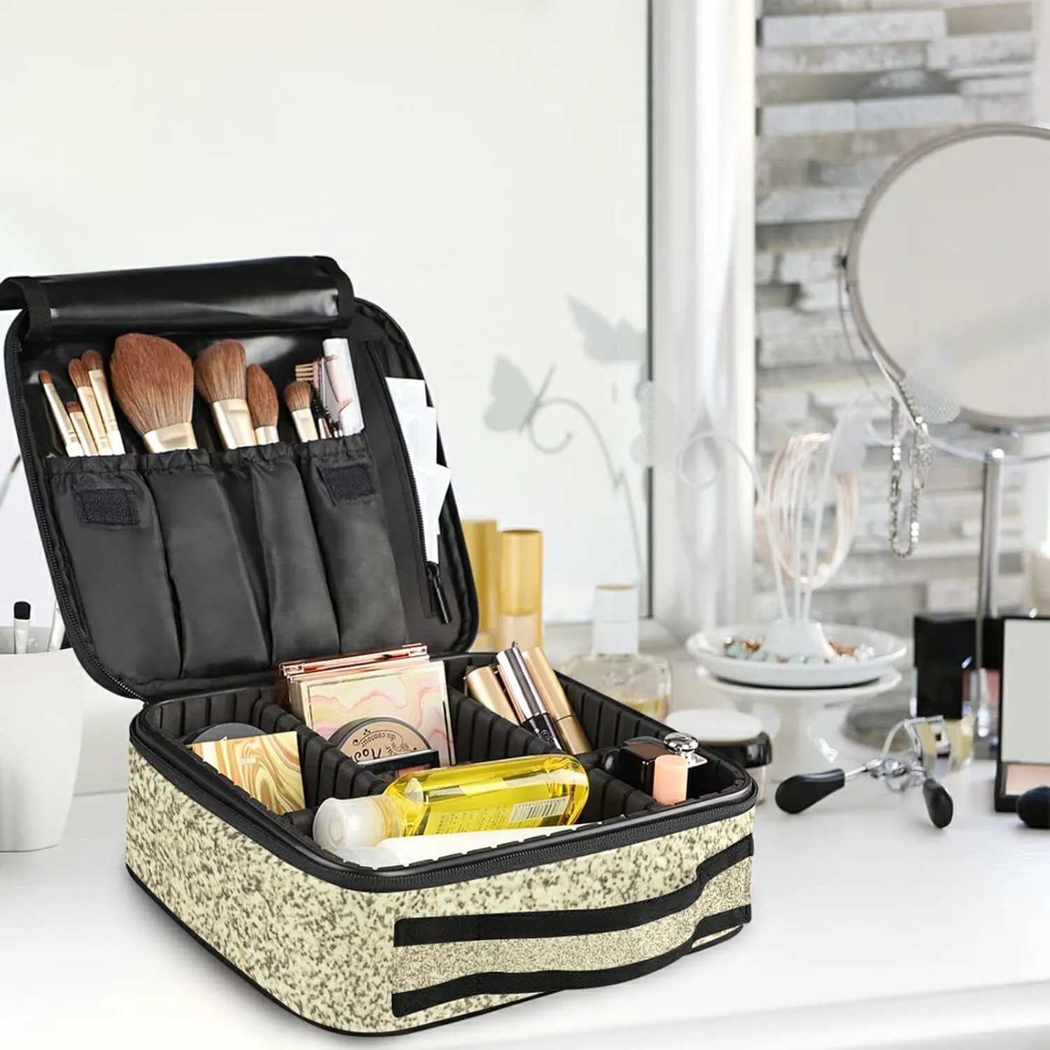 Gold Golden Glitter and Glare Pattern Women's Portable Makeup Bags with Handle, Adjustable Dividers, Travel Cosmetic Toiletry Accessories Storage Organizer for Girls