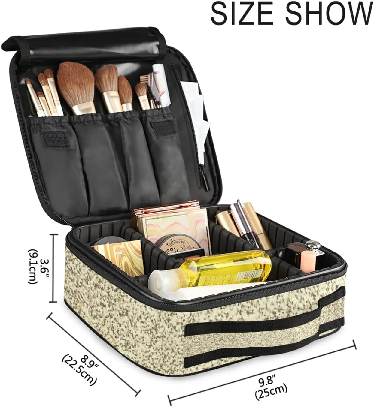 Gold Golden Glitter and Glare Pattern Women's Portable Makeup Bags with Handle, Adjustable Dividers, Travel Cosmetic Toiletry Accessories Storage Organizer for Girls
