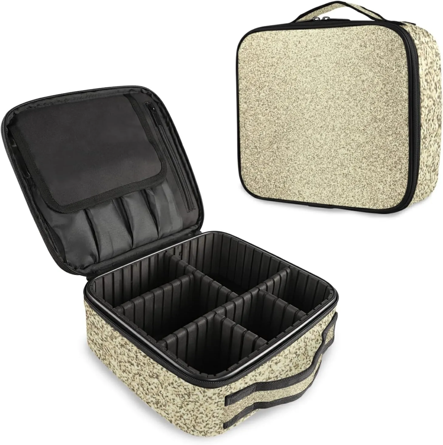 Gold Golden Glitter and Glare Pattern Women's Portable Makeup Bags with Handle, Adjustable Dividers, Travel Cosmetic Toiletry Accessories Storage Organizer for Girls