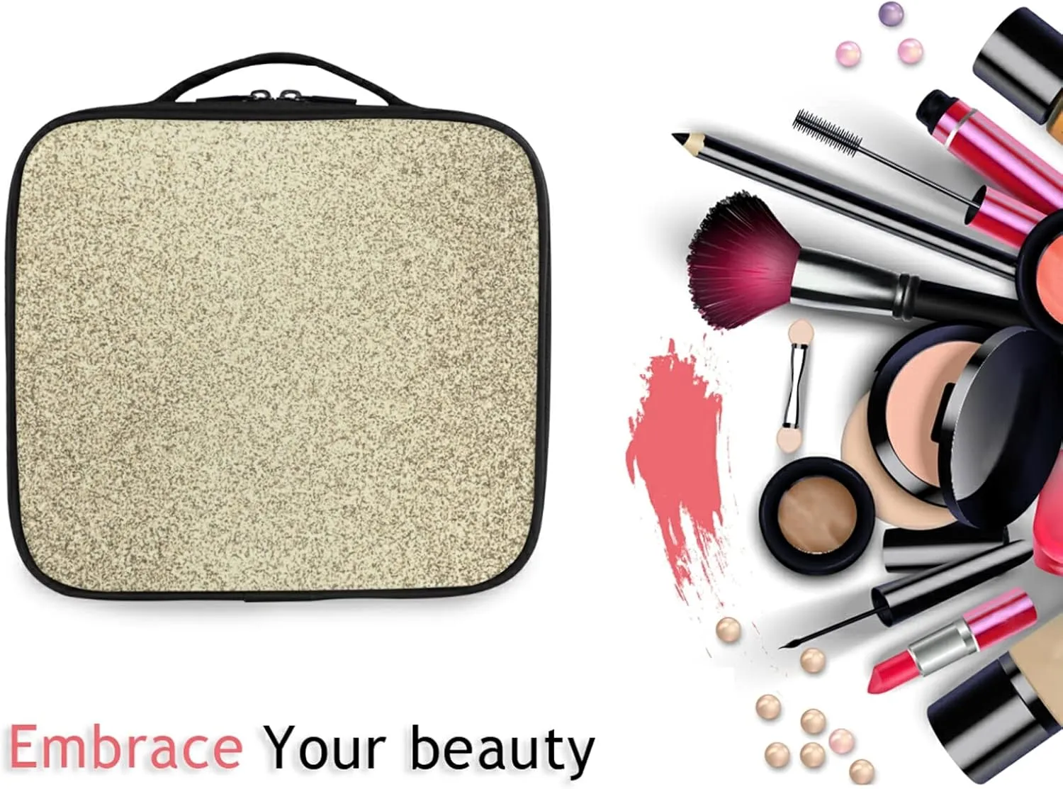 Gold Golden Glitter and Glare Pattern Women's Portable Makeup Bags with Handle, Adjustable Dividers, Travel Cosmetic Toiletry Accessories Storage Organizer for Girls