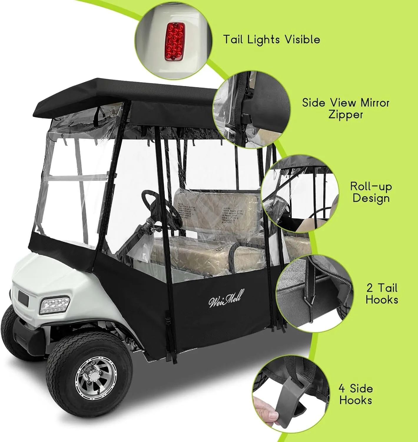 Golf Cart Enclosure Black Fit for Club Car Villager 6 Passenger Driving Rain Cover 4-Sided Clear Window Roll-up Zipper Door Waterproof Windproof Covers