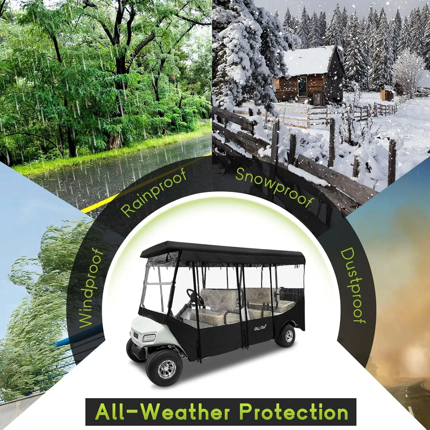 Golf Cart Enclosure Black Fit for Club Car Villager 6 Passenger Driving Rain Cover 4-Sided Clear Window Roll-up Zipper Door Waterproof Windproof Covers