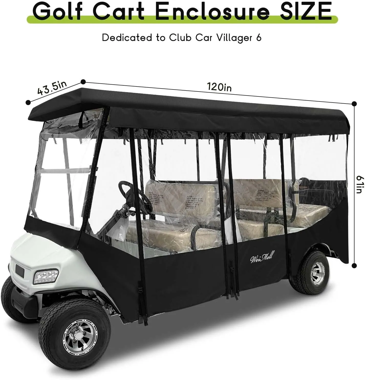 Golf Cart Enclosure Black Fit for Club Car Villager 6 Passenger Driving Rain Cover 4-Sided Clear Window Roll-up Zipper Door Waterproof Windproof Covers