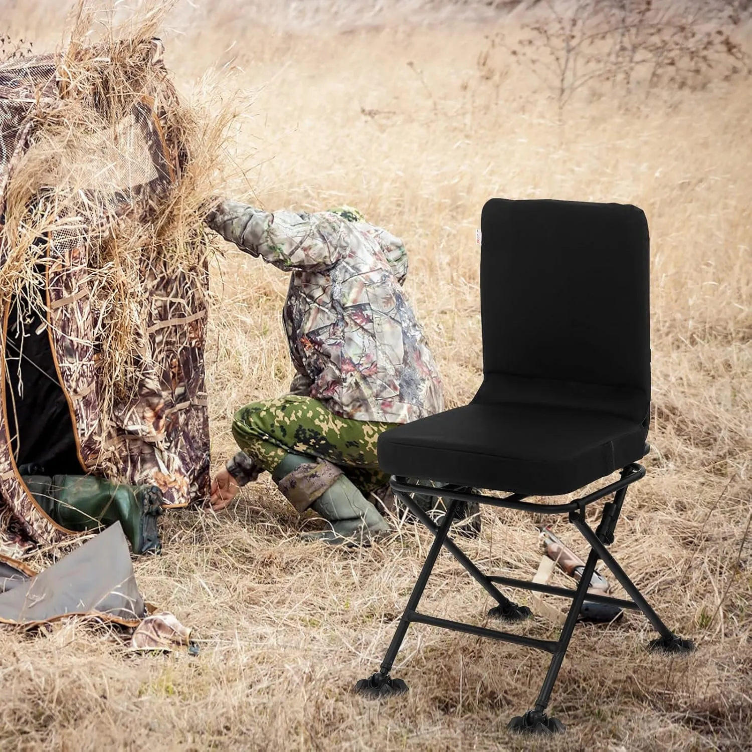 Goplus Hunting Chair, 360° Swivel Hunting Blind Chair w/All-Terrain Duck Feet,Padded Cushion,330LBS Capacity, Folding Silent Deer Hunting Chair, Portable Ground Blind Chair