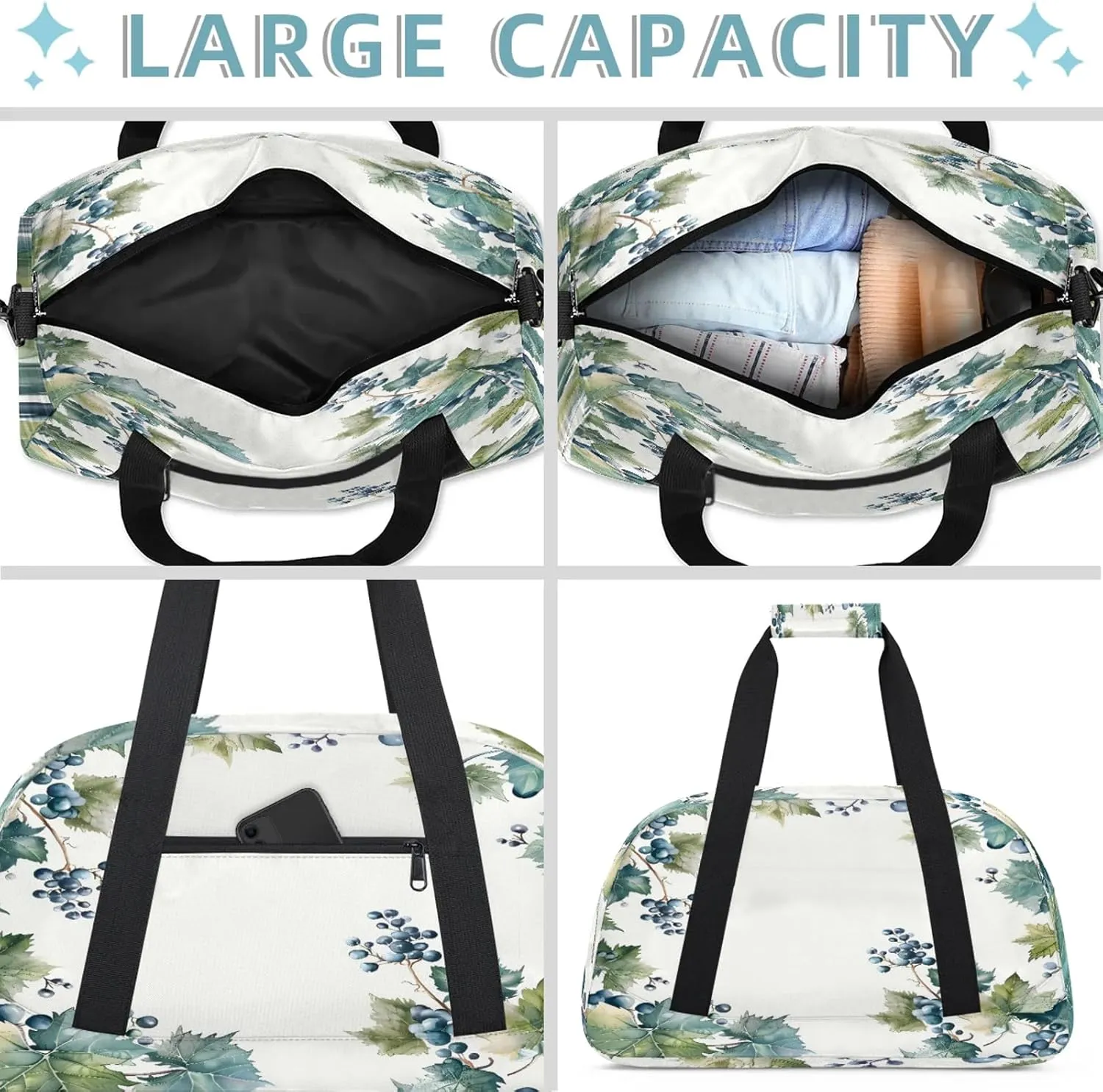 Grape Farmhouse Fruit Small Gym Bag 18 inch Carry On Duffel Bag for Weekender Travel Sports Workout Yoga Gymnastics Dance Ballet