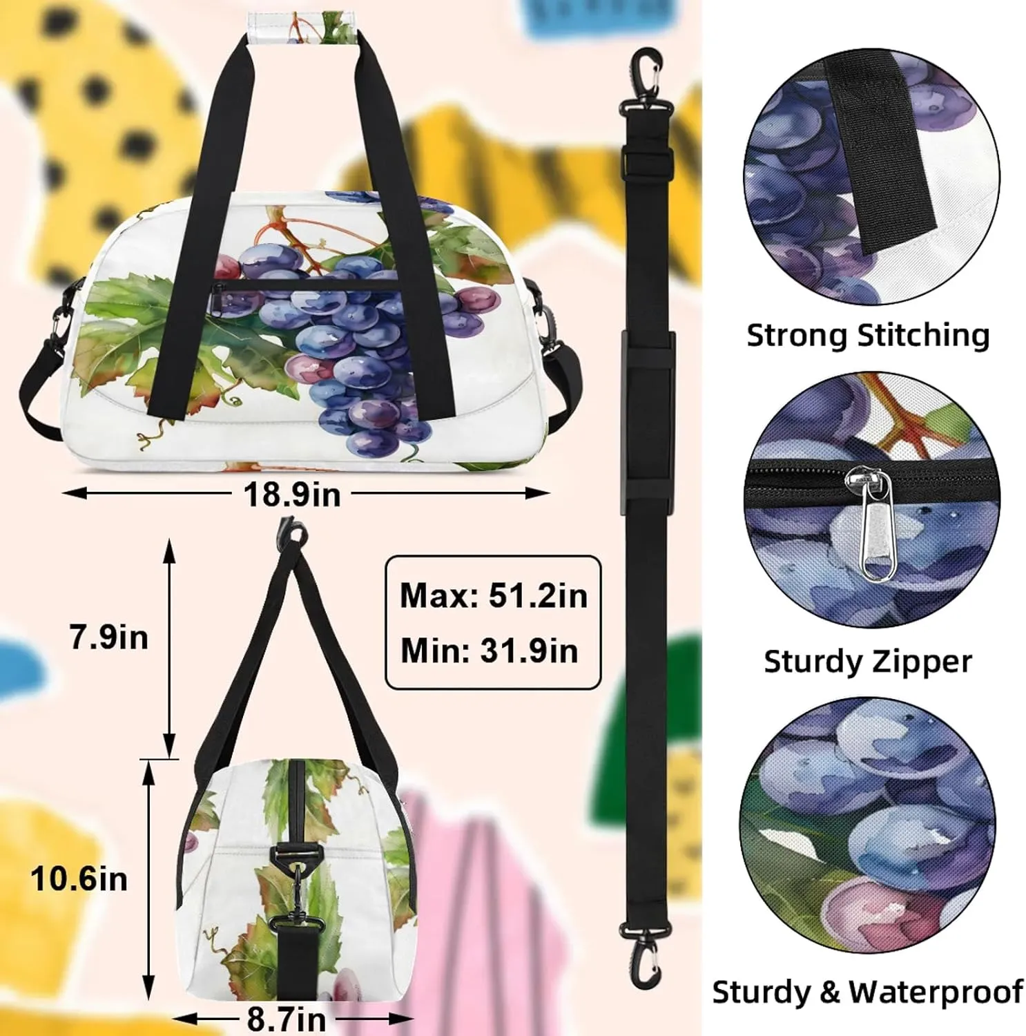 Grape Fruit Small Gym Bag 18 inch Carry On Duffel Bag for Weekender Travel Sports Workout Yoga Gymnastics Dance Ballet