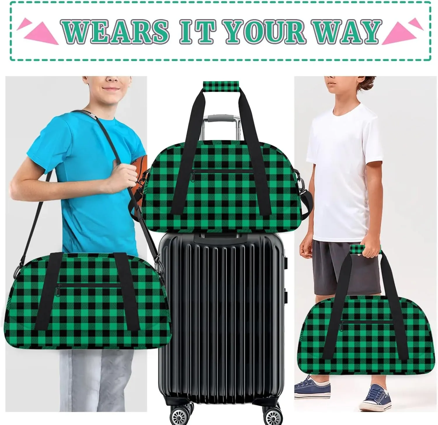 Green Buffalo Plaid 18 inch Small Gym Bag for Women and Men, Lightweight Carry On Weekender Bag Mini Duffel Bag for Travel Sports Workout