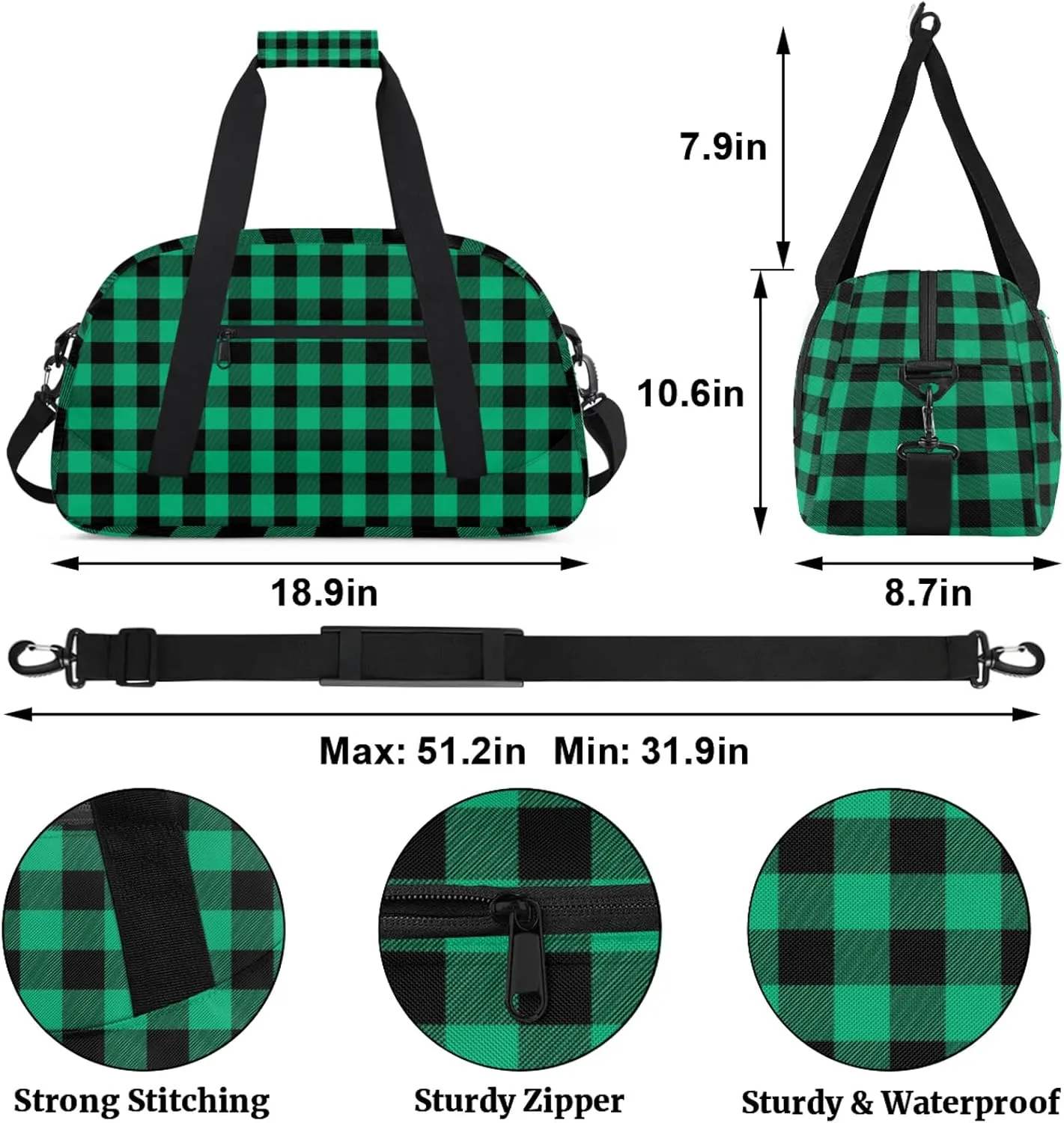Green Buffalo Plaid 18 inch Small Gym Bag for Women and Men, Lightweight Carry On Weekender Bag Mini Duffel Bag for Travel Sports Workout