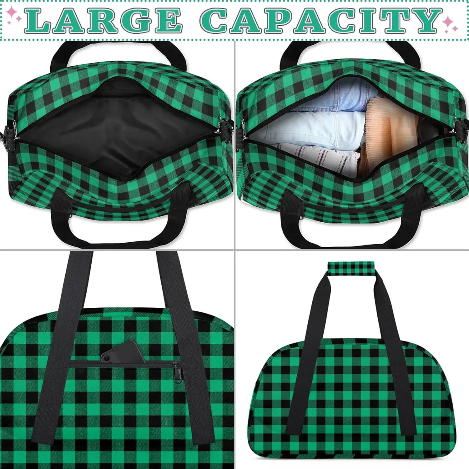 Green Buffalo Plaid 18 inch Small Gym Bag for Women and Men, Lightweight Carry On Weekender Bag Mini Duffel Bag for Travel Sports Workout