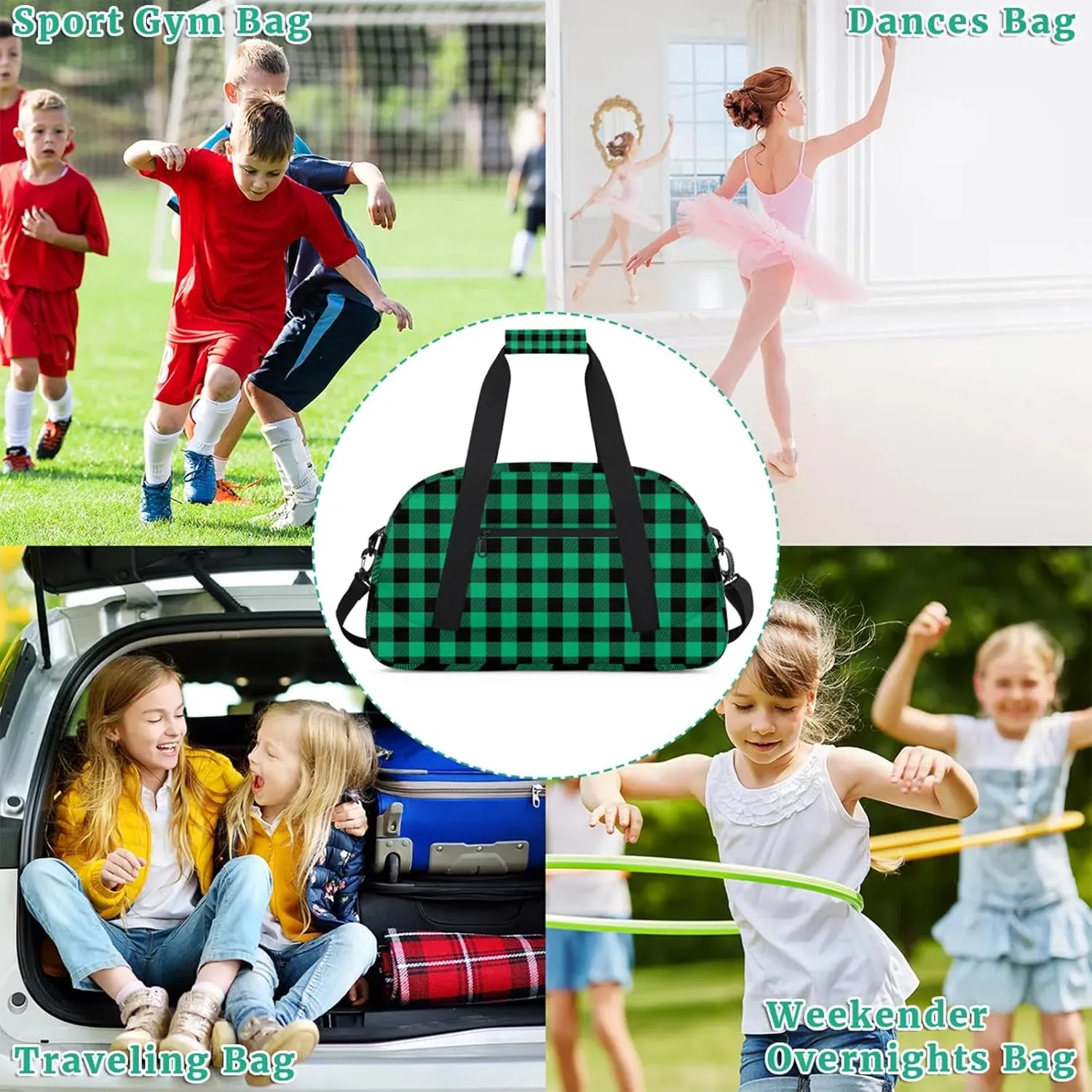 Green Buffalo Plaid 18 inch Small Gym Bag for Women and Men, Lightweight Carry On Weekender Bag Mini Duffel Bag for Travel Sports Workout