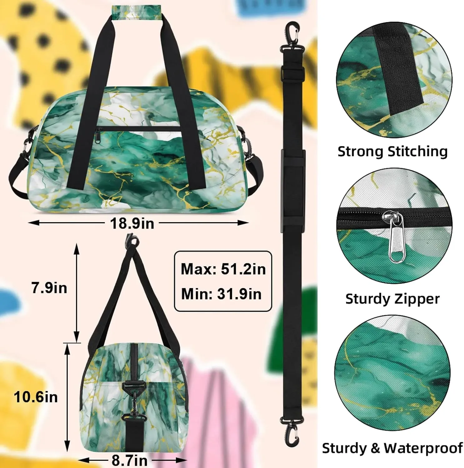 Green Gold Marble Small Gym Bag 18 inch Carry On Duffel Bag for Weekender Travel Sports Workout Yoga Gymnastics Dance Ballet