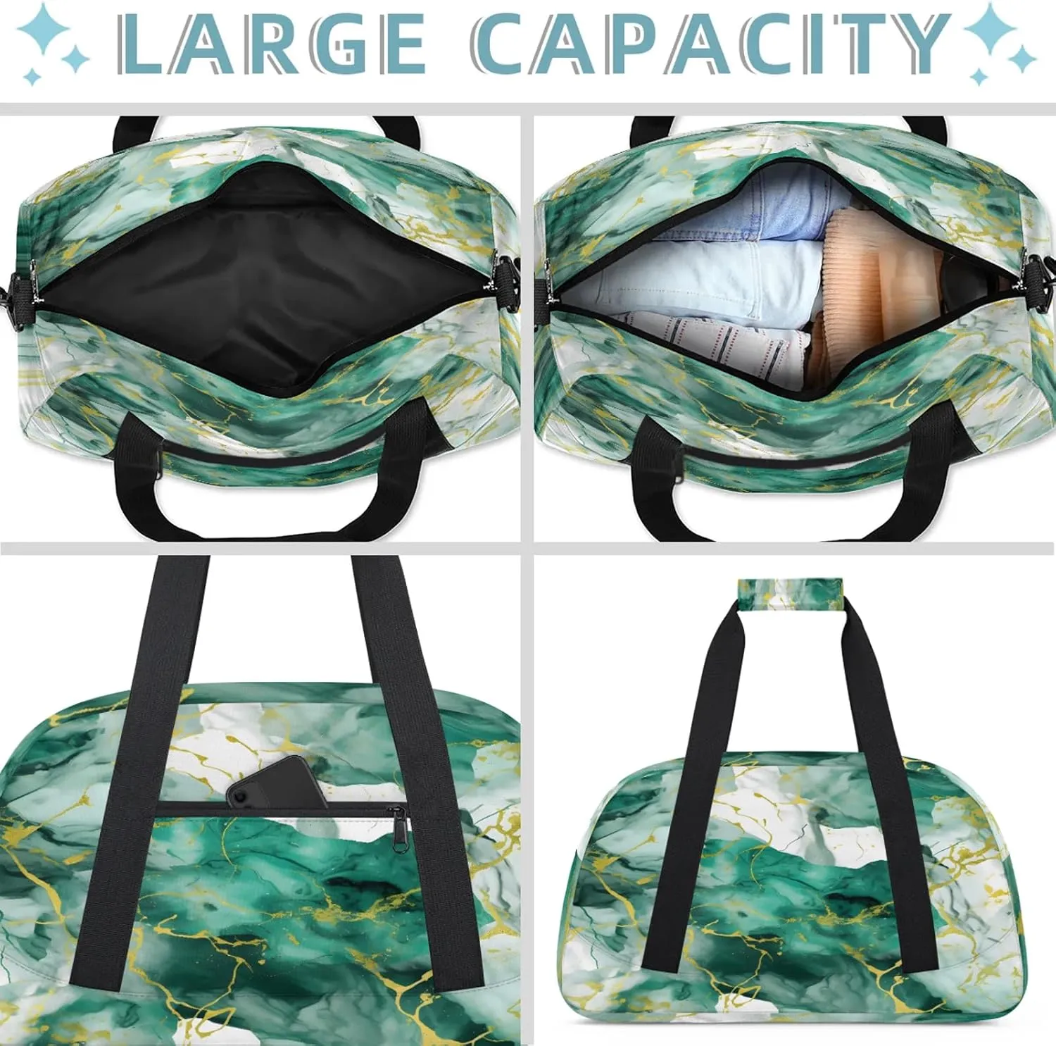 Green Gold Marble Small Gym Bag 18 inch Carry On Duffel Bag for Weekender Travel Sports Workout Yoga Gymnastics Dance Ballet